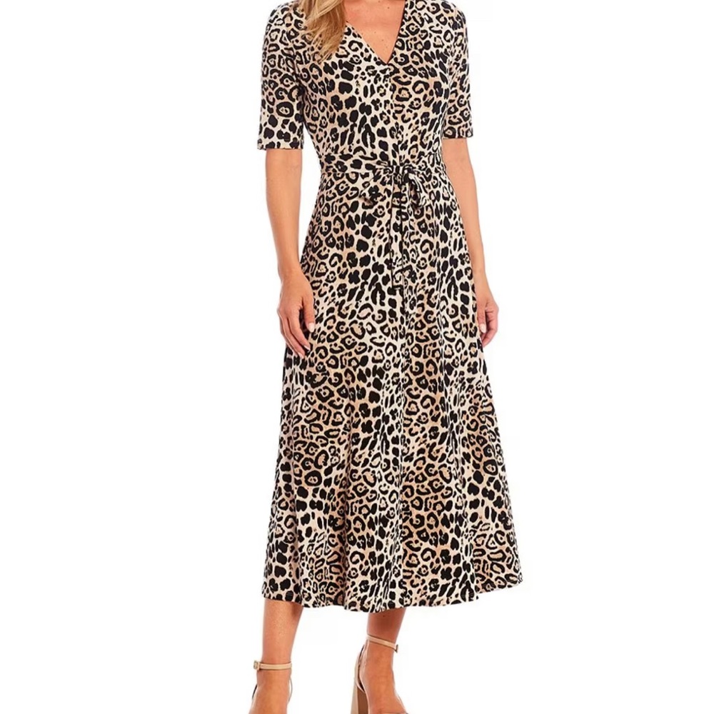Preston & York Sydney Leopard Knit V-Neck Short Sleeve Midi Dress